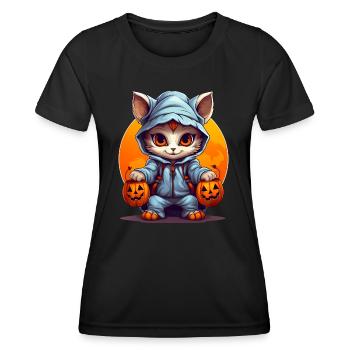 Dressed up Halloween cat with jack lanterns - Women's Functional T-Shirt - black - Front - AI Model Female 172 light (172cm)