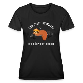 Geist Willig Körper Chillig - Faultier Gym - Frauen Funktions-T-Shirt - Schwarz - Vorne - AI Model Female 172 light (172cm)
