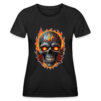 Skull with Fire and Red Roses Burning Skull - Women's Functional T-Shirt - black - Front - AI Model Female 172 light (172cm)