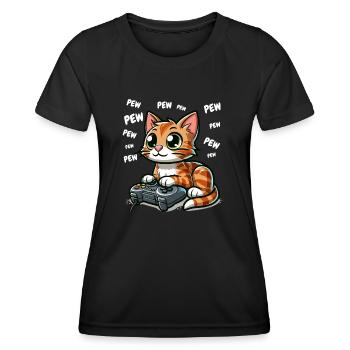 Video Game Gamer Zocken Katze Pew Computer Lustig - Frauen Funktions-T-Shirt - Schwarz - Vorne - AI Model Female 172 light (172cm)