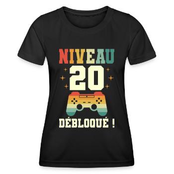 Anniversaire 20 Ans Geek Niveau 20 Humour - T-shirt sport Femme - noir - Devant - AI Model Female 172 light (172cm)