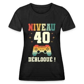 Anniversaire 40 Ans Geek Niveau 40 Humour - T-shirt sport Femme - noir - Devant - AI Model Female 172 light (172cm)