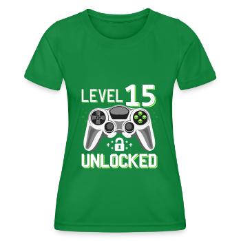 15. Geburtstag Level 15 Gamer Geschenk - Frauen Funktions-T-Shirt - Kelly Green - Vorne - AI Model Female 172 dark (172cm)