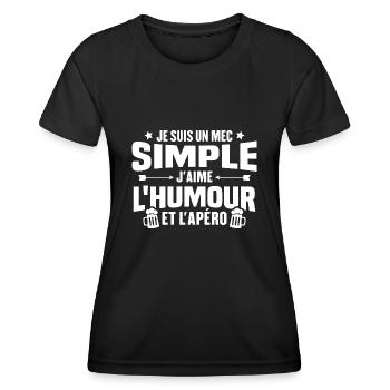 Je suis un mec simple j'aime l'humour et l'apéro - T-shirt sport Femme - noir - Devant - AI Model Female 172 light (172cm)