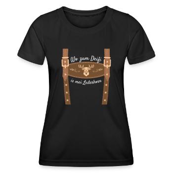 Wo Zum Deifi Is Mei Lederhosn Lederhose Ersatz - Frauen Funktions-T-Shirt - Schwarz - Vorne - AI Model Female 172 light (172cm)