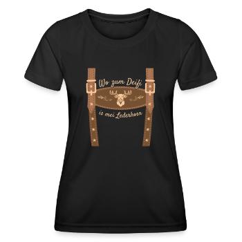 Wo Zum Deifi Is Mei Lederhosn Lederhose Ersatz - Frauen Funktions-T-Shirt - Schwarz - Vorne - AI Model Female 172 light (172cm)