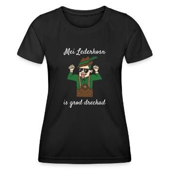 Mei Lederhosn Is Grod Dreckad Lederhose Ersatz - Frauen Funktions-T-Shirt - Schwarz - Vorne - AI Model Female 172 light (172cm)