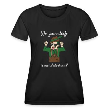 Wo Zum Deifi Is Mei Lederhosn Lederhose Ersatz - Frauen Funktions-T-Shirt - Schwarz - Vorne - AI Model Female 172 light (172cm)