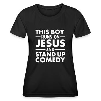 Le comédien This Boy Runs On Jesus Stand Up Comedy - T-shirt sport Femme - noir - Devant - AI Model Female 172 light (172cm)
