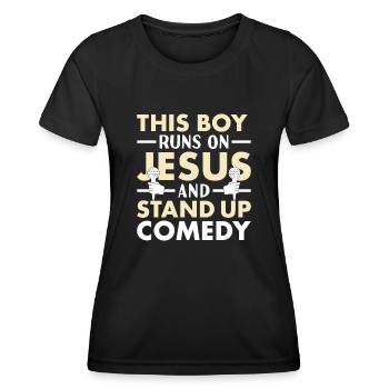 Un comédien s’appuie sur Jésus et fait du stand-up - T-shirt sport Femme - noir - Devant - AI Model Female 172 light (172cm)