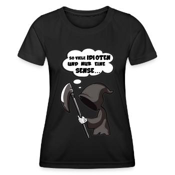 So viele Idioten und nur eine Sense - Sarkasmus - Frauen Funktions-T-Shirt - Schwarz - Vorne - AI Model Female 172 light (172cm)