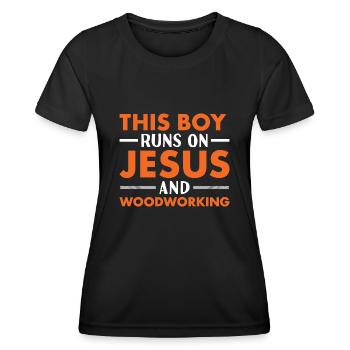 Menuisier Ce garçon court sur Jésus et le travail du bois - T-shirt sport Femme - noir - Devant - AI Model Female 172 light (172cm)