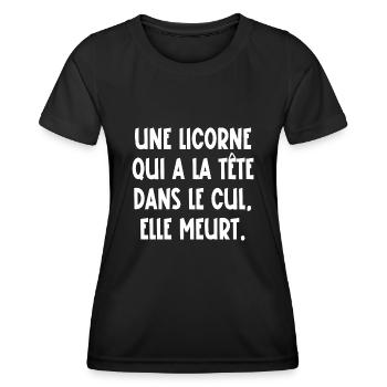 un licorne qui a la tête dans le cul elle meurt - T-shirt sport Femme - noir - Devant - AI Model Female 172 light (172cm)