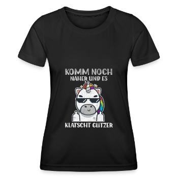 Komm Noch Näher & Es Klatscht Glitzer Mittelfinger - Frauen Funktions-T-Shirt - Schwarz - Vorne - AI Model Female 172 light (172cm)