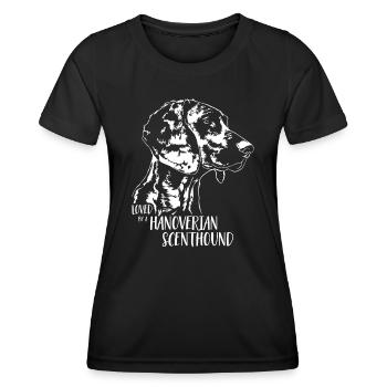Loved by a Hanoverian Scenthound Hundespruch Hunde - Frauen Funktions-T-Shirt - Schwarz - Vorne - AI Model Female 172 light (172cm)