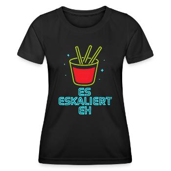 Party Spruch Es Eskaliert Eh Mallorca Urlaub JGA - Frauen Funktions-T-Shirt - Schwarz - Vorne - AI Model Female 172 light (172cm)