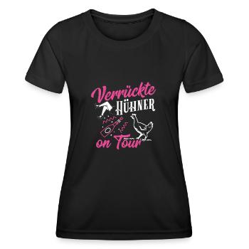 Junggesellinenabschied-Verrückte Hühner on Tour - Frauen Funktions-T-Shirt - Schwarz - Vorne - AI Model Female 172 light (172cm)