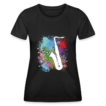 Saxofon auf Farbklecksen - Frauen Funktions-T-Shirt - Schwarz - Vorne - AI Model Female 172 light (172cm)