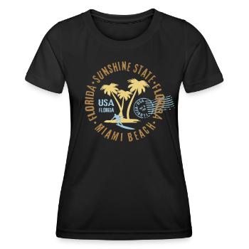 Miami Beach, Floride, palmiers, surf, timbre surfeur - T-shirt sport Femme - noir - Devant - AI Model Female 172 light (172cm)