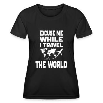 Excuse Me While I Travel The World-Camping 2024 - Women's Functional T-Shirt - black - Front - AI Model Female 172 light (172cm)