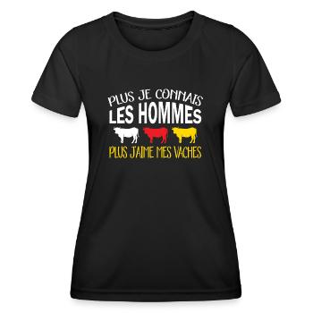 Plus je connais les hommes plus j'aime mes vaches - T-shirt sport Femme - noir - Devant - AI Model Female 172 light (172cm)