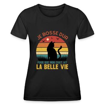 je bosse dur pour que mon chat ait la belle vie - T-shirt sport Femme - noir - Devant - AI Model Female 172 light (172cm)