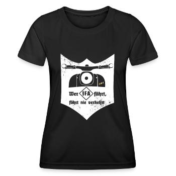 Schwalbe - IFA - VEB - DDR - Ostkult - Frauen Funktions-T-Shirt - Schwarz - Vorne - AI Model Female 172 light (172cm)