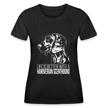 HANOVERIAN SCENTHOUND la vie est meilleure Hundespruch - T-shirt sport Femme - noir - Devant - AI Model Female 172 light (172cm)