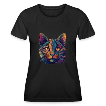 Psychedelic cat face with colorful patterns - Women's Functional T-Shirt - black - Front - AI Model Female 172 light (172cm)