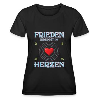 Frieden beginnt im Herzen (in 100 Sprachen) - Frauen Funktions-T-Shirt - Schwarz - Vorne - AI Model Female 172 light (172cm)