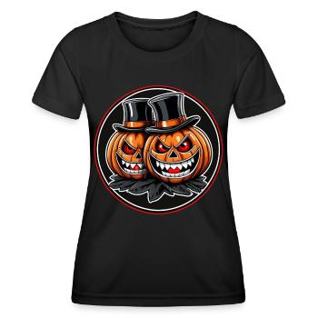 Deux citrouilles d’Halloween souriantes avec des chapeaux haut-de-forme - T-shirt sport Femme - noir - Devant - AI Model Female 172 light (172cm)