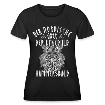 Der Nordische Gott der Ungeduld Hammersbald Lustig - Frauen Funktions-T-Shirt - Schwarz - Vorne - AI Model Female 172 light (172cm)