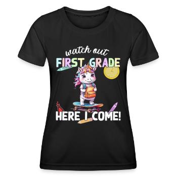 Licorne mignonne premier jour d’école école de skateboard - T-shirt sport Femme - noir - Devant - AI Model Female 172 light (172cm)