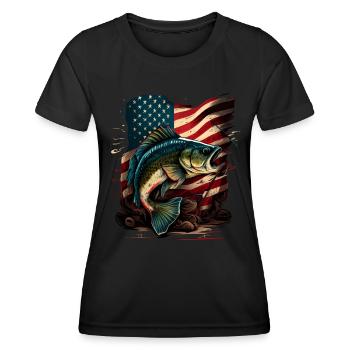 Fishing and an American Flag - Largemouth Bass - Frauen Funktions-T-Shirt - Schwarz - Vorne - AI Model Female 172 light (172cm)