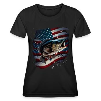 Fishing and an American Flag - Largemouth Bass - Frauen Funktions-T-Shirt - Schwarz - Vorne - AI Model Female 172 light (172cm)