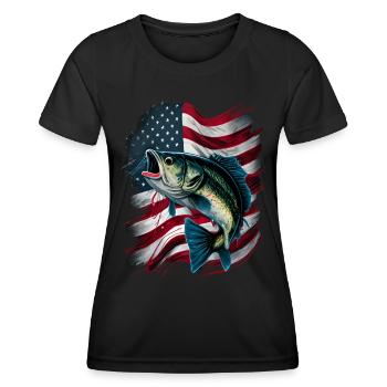 Fishing and an American Flag - Largemouth Bass - Frauen Funktions-T-Shirt - Schwarz - Vorne - AI Model Female 172 light (172cm)