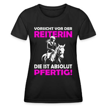 Vorsicht vor der Reiterin | Lustige Reitersprüche - Frauen Funktions-T-Shirt - Schwarz - Vorne - AI Model Female 172 light (172cm)