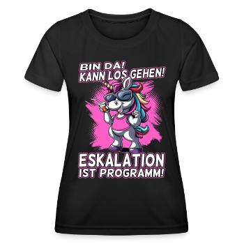 Bin da kann los gehen Eskalation ist Programm Bier - Frauen Funktions-T-Shirt - Schwarz - Vorne - AI Model Female 172 light (172cm)