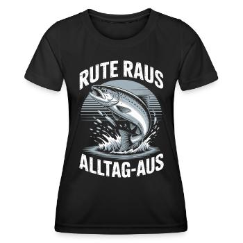 Angeln | Rute raus Alltag aus | Angler - Frauen Funktions-T-Shirt - Schwarz - Vorne - AI Model Female 172 light (172cm)