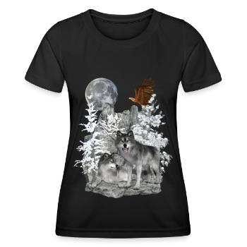 Wölfe auf Felsen mit Adler und Mond - Frauen Funktions-T-Shirt - Schwarz - Vorne - AI Model Female 172 light (172cm)