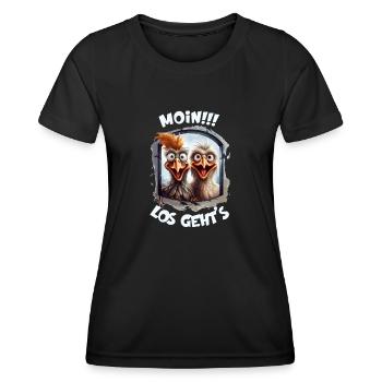 Moin Los geht's lustige Hühner Motivationsdesign - Frauen Funktions-T-Shirt - Schwarz - Vorne - AI Model Female 172 light (172cm)