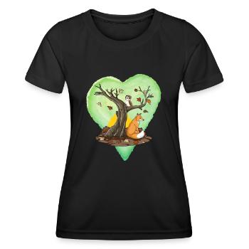 Herbst, Herbst Themen, Fuchs und Eule mit Baum, Herz - Frauen Funktions-T-Shirt - Schwarz - Vorne - AI Model Female 172 light (172cm)