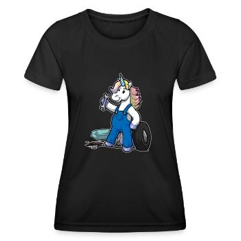 Lustiges Comic Einhorn Automechaniker Geschenk - Frauen Funktions-T-Shirt - Schwarz - Vorne - AI Model Female 172 light (172cm)