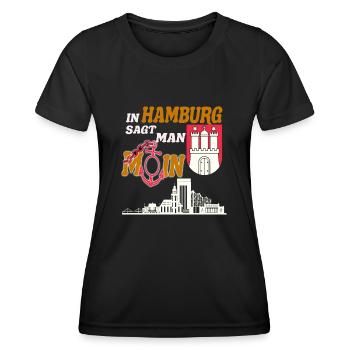 In Hamburg sagt man Moin,Für stolze Hamburger - Frauen Funktions-T-Shirt - Schwarz - Vorne - AI Model Female 172 light (172cm)