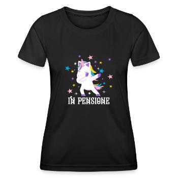 Pension Rente Geschenk Einhorn In Pensione - Frauen Funktions-T-Shirt - Schwarz - Vorne - AI Model Female 172 light (172cm)