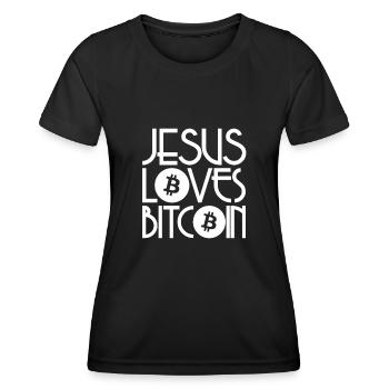 Jesus Loves Bitcoin Logo - Jesus Liebt Bitcoin - Frauen Funktions-T-Shirt - Schwarz - Vorne - AI Model Female 172 light (172cm)