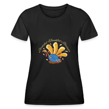 Grateful Thankful Blessed Turkey Thanksgiving Art - Frauen Funktions-T-Shirt - Schwarz - Vorne - AI Model Female 172 light (172cm)