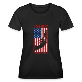 I Study Triggernometry USA Flag Gun Revolver - Frauen Funktions-T-Shirt - Schwarz - Vorne - AI Model Female 172 light (172cm)