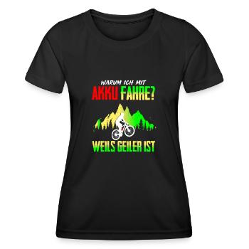 Warum Ich Mit Akku Fahre weils Geiler Ist MTB - Frauen Funktions-T-Shirt - Schwarz - Vorne - AI Model Female 172 light (172cm)