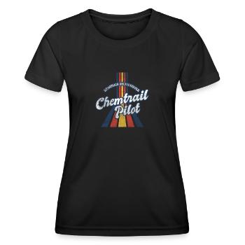 Vintage Retro Chemtrail Pilot Parody Shirt - Frauen Funktions-T-Shirt - Schwarz - Vorne - AI Model Female 172 light (172cm)